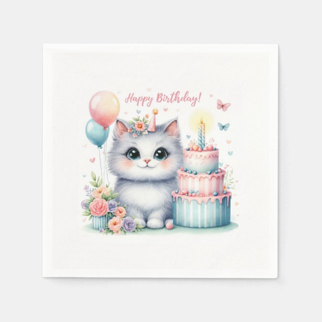 Cute Pastel Kitten Birthday Cake - Birthday Napkins (Front)
