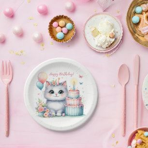 Cute Pastel Kitten Birthday Cake - Birthday Paper Plates