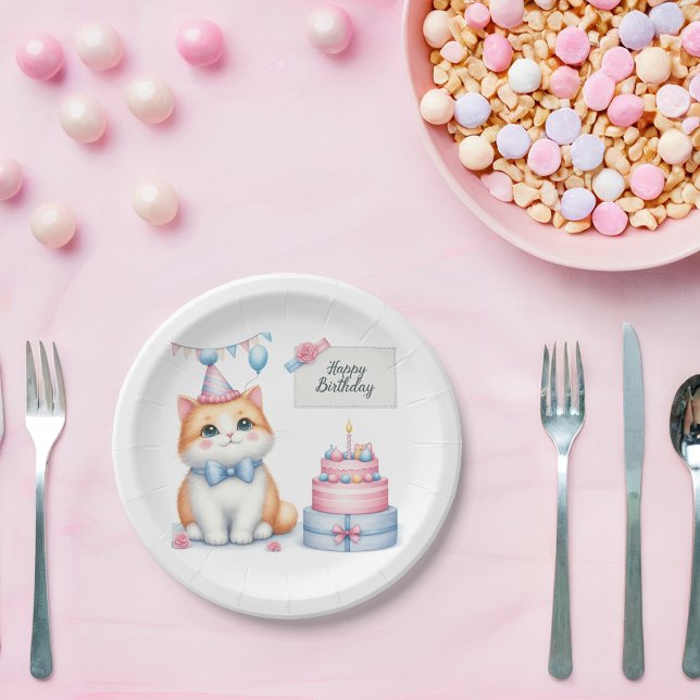 Cute Pastel Kitten Birthday Cake - Birthday Paper Plates (Creator Uploaded)