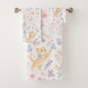 Cute Pastel Kittens and Butterflies Floral Bath Towel Set