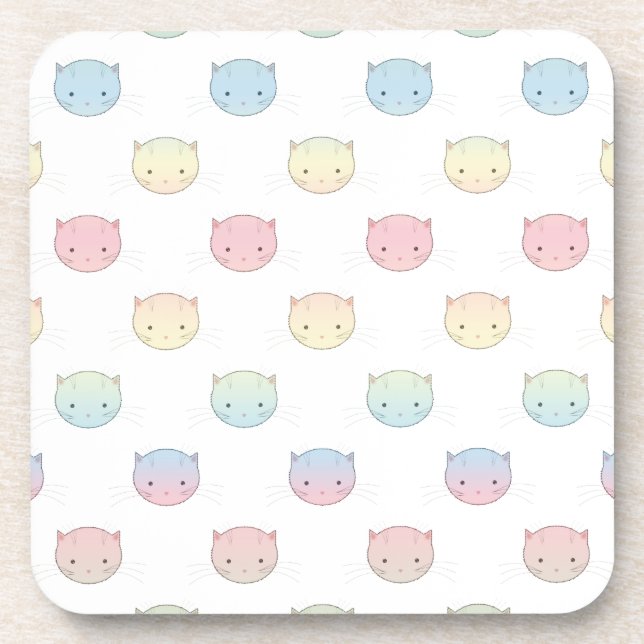 Cute Pastel Kitty Cat Faces Pattern Beverage Coaster (Front)