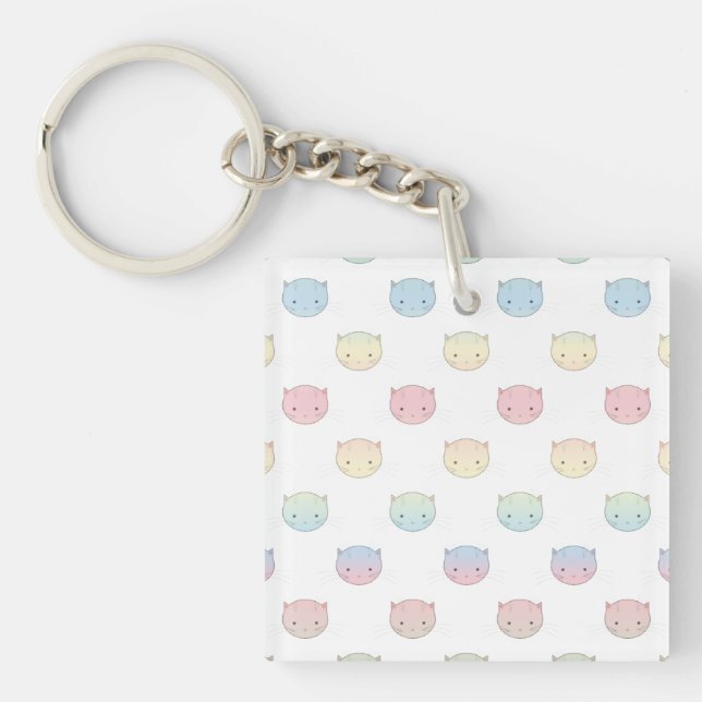 Cute Pastel Kitty Cat Faces Pattern Keychain (Front)