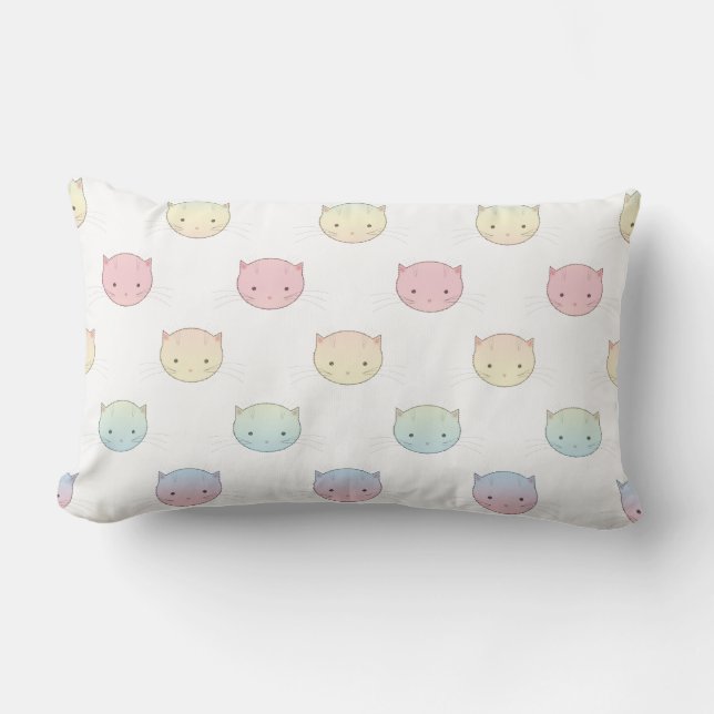 Cute Pastel Kitty Cat Faces Pattern Lumbar Pillow (Front)