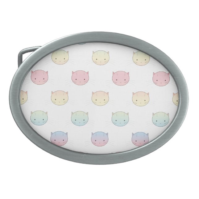 Cute Pastel Kitty Cat Faces Pattern Oval Belt Buckle (Front)