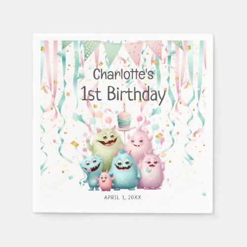 Cute Pastel Little Monsters Girls 1st Birthday Napkins