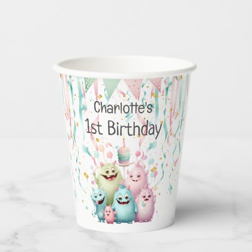 Cute Pastel Little Monsters Girls 1st Birthday Paper Cups