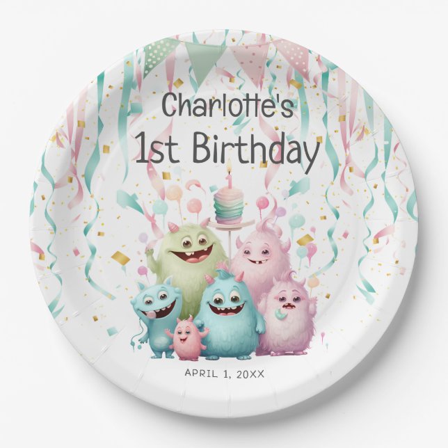 Cute Pastel Little Monsters Girl's 1st Birthday Paper Plates (Front)