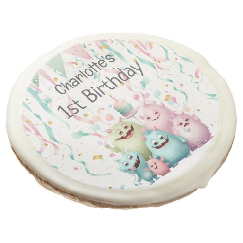 Cute Pastel Little Monsters Girls 1st Birthday Sugar Cookie