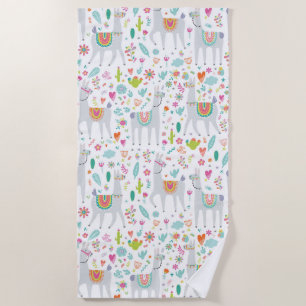 Cute Pastel Llama Pattern Beach Towel