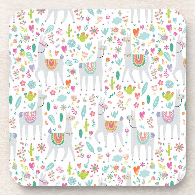 Cute Pastel Llama Pattern Beverage Coaster (Front)