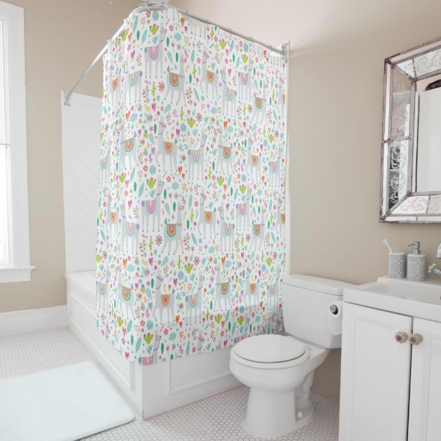 Cute Pastel Llama Pattern Shower Curtain (In Situ)