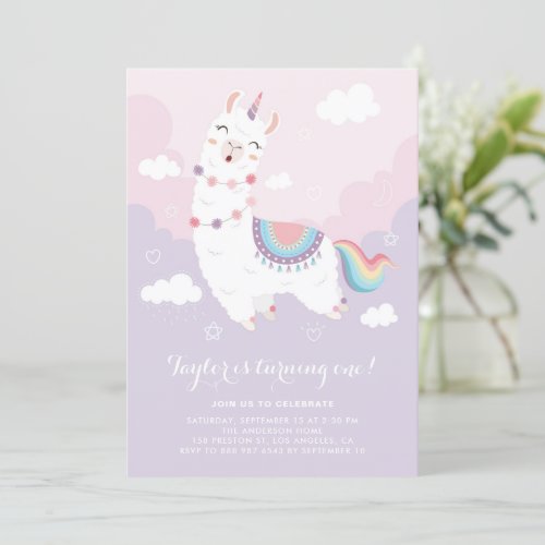 Cute Pastel Llama Unicorn First Birthday Party Invitation
