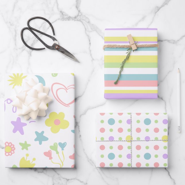 Cute Pastel Love Smile Polka Dot Stripes Kids Gift Wrapping Paper Sheets (Front)