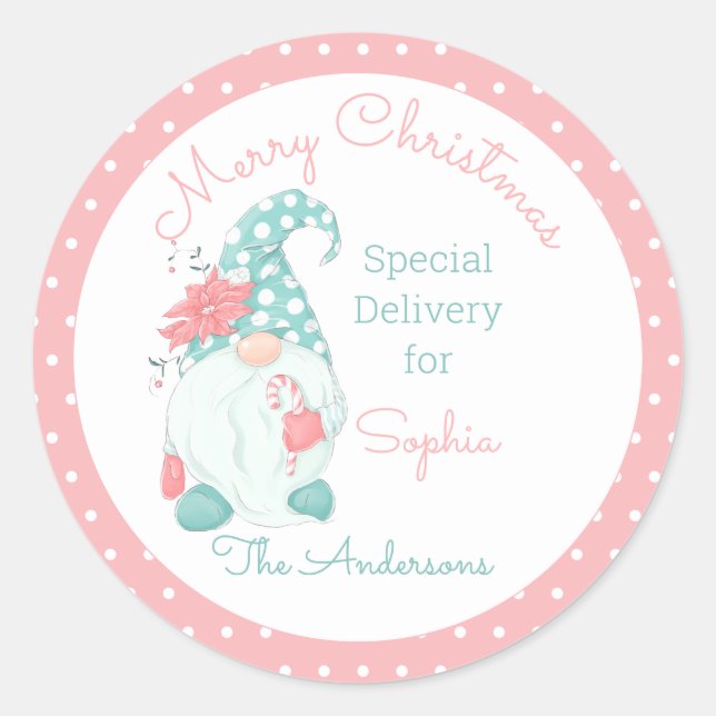 Cute Pastel Merry Christmas Customized Name Gnome  Classic Round Sticker (Front)