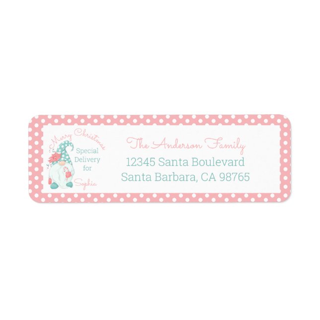Cute Pastel Merry Christmas Customized Name Gnome  Label (Front)