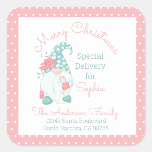 Cute Pastel Merry Christmas Customized Name Gnome  Square Sticker