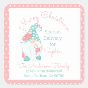 Cute Pastel Merry Christmas Customized Name Gnome Square Sticker