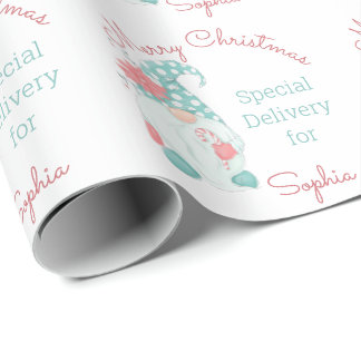 Cute Pastel Merry Christmas Customized Name Gnome Wrapping Paper