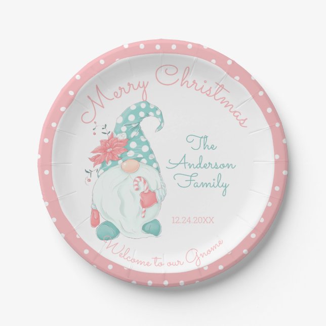 Cute Pastel Merry Christmas Family Welcome Gnome Paper Plates (Front)