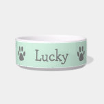 Cute Pastel Mint Green and Gray Paw Print Pet Bowl<br><div class="desc">Cute pet bowl with your pet's name along with a paw print on either side in gray over a pastel mint green background.  This simple and fun pet bowl makes a great gift for a dog or cat lover.</div>