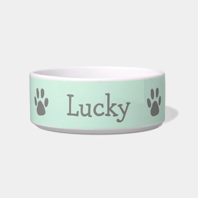 Cute Pastel Mint Green and Gray Paw Print Pet Bowl (Front)