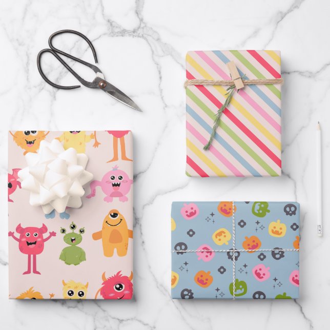 Cute pastel Monster Mash Wrapping Paper Sheets (Front)