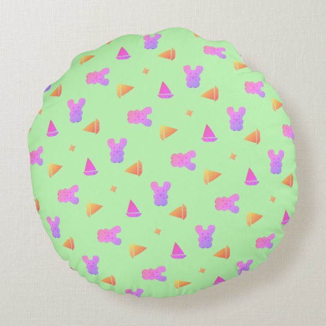 Cute Pastel Mouse with boat Pattern on Green  Round Pillow (Back)