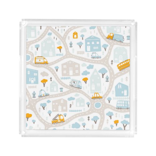 Cute Pastel Neighborhood Map Pattern Acrylic Tray