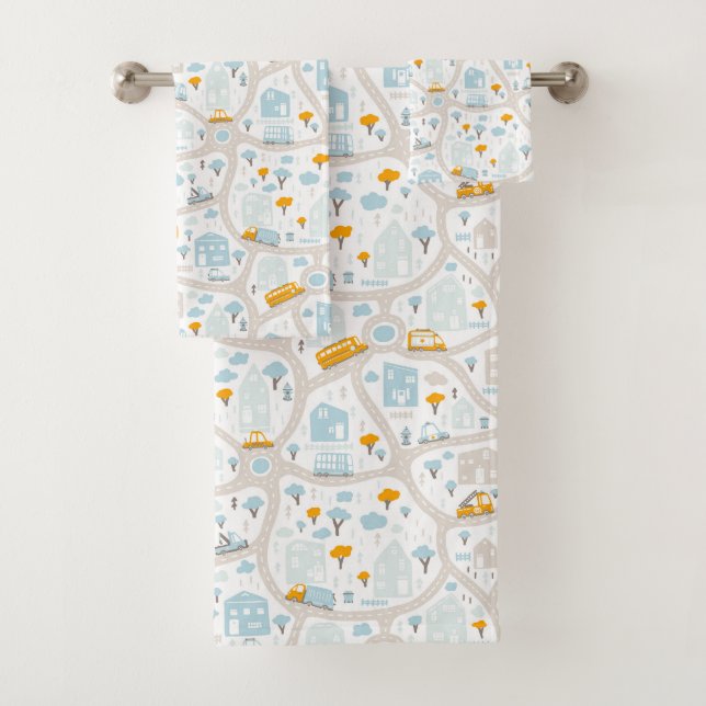 Cute Pastel Neighborhood Map Pattern Bath Towel Set (Insitu)