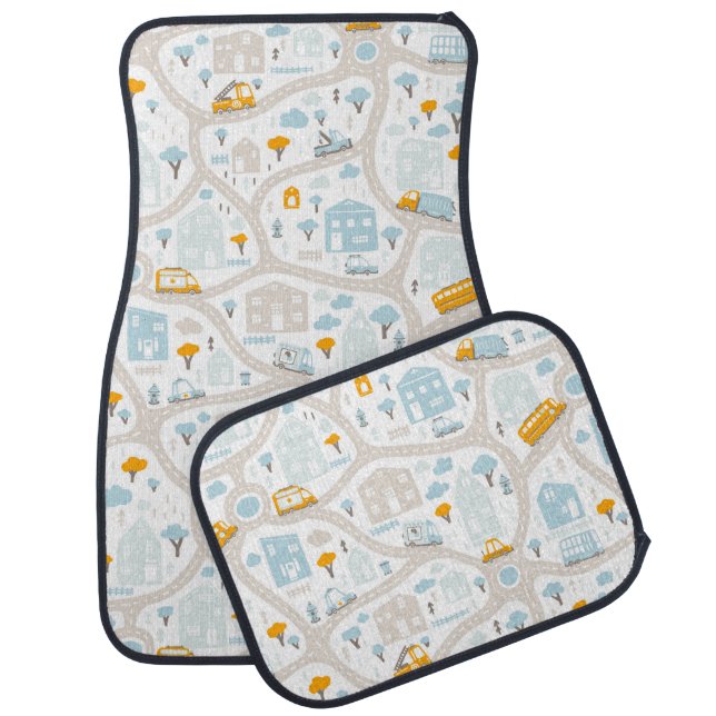 Cute Pastel Neighborhood Map Pattern Car Floor Mat (Set)
