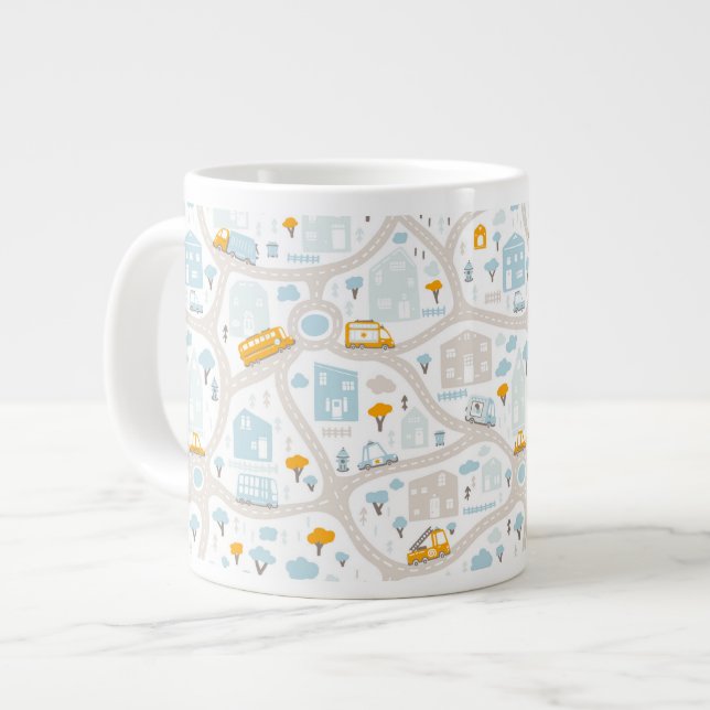 Cute Pastel Neighborhood Map Pattern Giant Coffee Mug (Front Left)