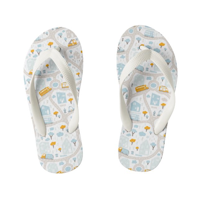 Cute Pastel Neighborhood Map Pattern Kid's Flip Flops (Footbed)