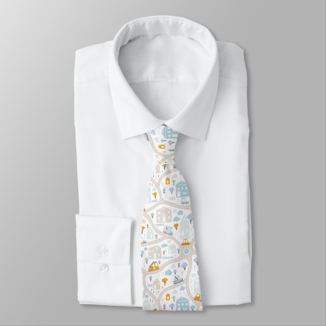Cute Pastel Neighborhood Map Pattern Neck Tie (Tied)