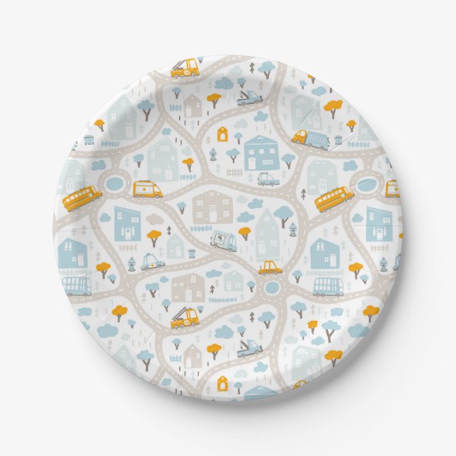 Cute Pastel Neighborhood Map Pattern Paper Plates (Front)