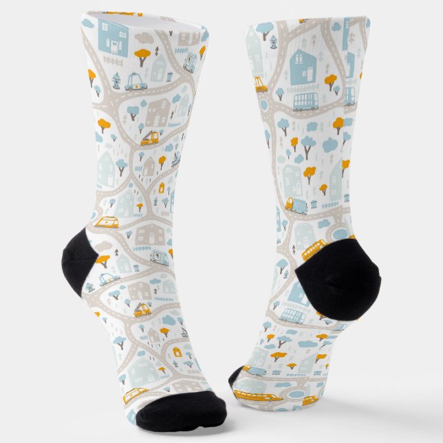 Cute Pastel Neighborhood Map Pattern Socks (Angled)