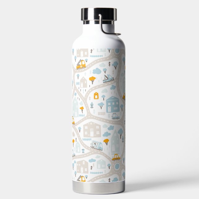 Cute Pastel Neighborhood Map Pattern Water Bottle (Left)