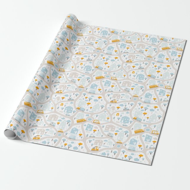 Cute Pastel Neighborhood Map Pattern Wrapping Paper (Unrolled)