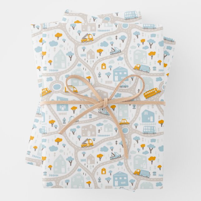 Cute Pastel Neighborhood Map Pattern Wrapping Paper Sheets (In situ)