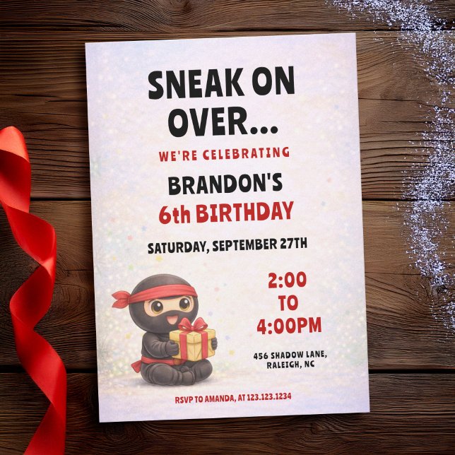 Cute Pastel Ninja & Gift Box Kids Birthday Invitation (Creator Uploaded)
