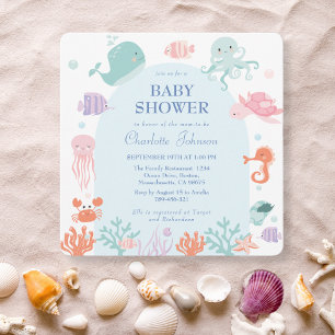 Cute Pastel Ocean Friends Blue Baby Shower Invitation