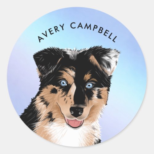 Cute Pastel Ombre Australian Shepherd Puppy Name Classic Round Sticker