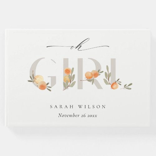 Cute Pastel Orange Floral Boho Oh Girl Baby Shower Guest Book