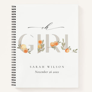 Cute Pastel Orange Floral Boho Oh Girl Baby Shower Notebook
