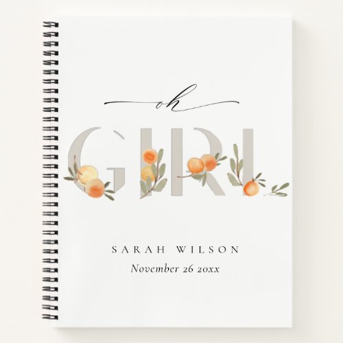 Cute Pastel Orange Floral Boho Oh Girl Baby Shower Notebook