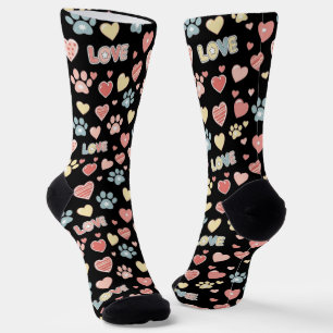 Cute Pastel Paw Prints and Hearts Pattern "LOVE"  Socks