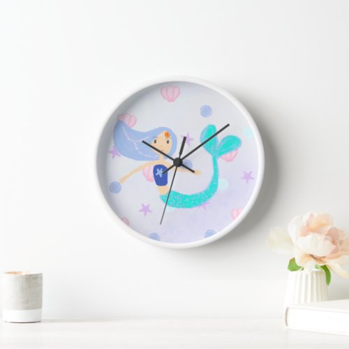 Cute Pastel Periwinkle Mermaid Princess Seashells Clock