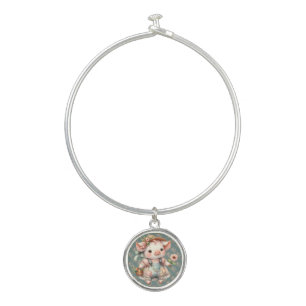 Cute Pastel Piglet in Cottagecore Overalls Bangle Bracelet