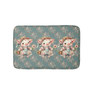 Cute Pastel Piglet in Cottagecore Overalls Bath Mat