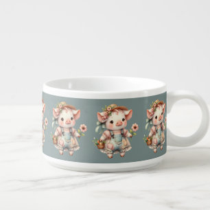 Cute Pastel Piglet in Cottagecore Overalls Bowl