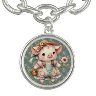 Cute Pastel Piglet in Cottagecore Overalls Bracelet